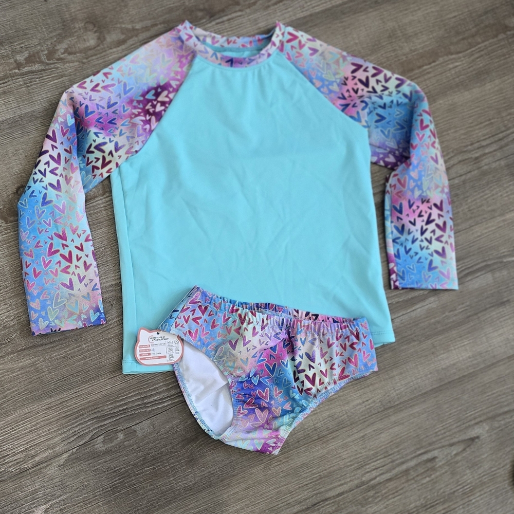 girls long sleeved swim suit set  Aqua and Multicolor size 130 or US size 8
